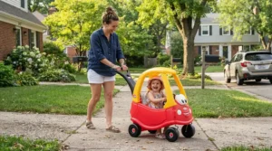 A push car with canopy for toddlers being steered by a parent on a suburban neighborhood sidewalk.