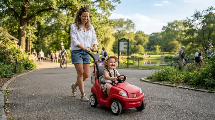 A toddler enjoying a sunny afternoon ride in a push car with canopy for toddlers along a park path.