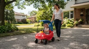 A parent assisting their child in a push car with canopy for toddlers on a residential driveway.