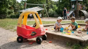 A push car with canopy for toddlers parked near a bright sunny playground area.