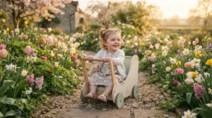A toddler riding safely in a push car with canopy for toddlers past blooming spring gardens.