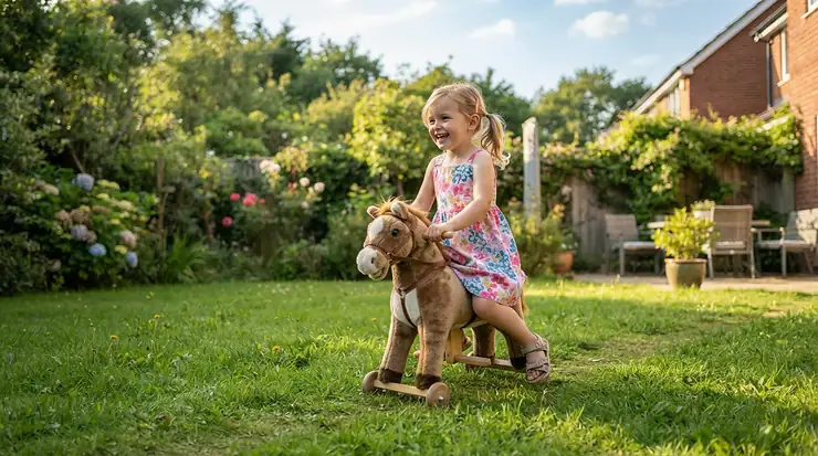 Young child riding a durable ride-on animal toy outdoors on a sunny Canadian summer afternoon