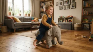 A toddler smiling while playing with a ride-on animal toy on a living room rug in a Canadian home