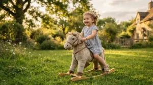 A happy toddler riding a ride-on unicorn toy for toddlers on green grass during a sunny Vancouver afternoon.
