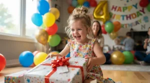 A little girl opening her birthday gift featuring a ride-on unicorn toy for toddlers at a Canadian home party.