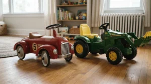 A ride-on unicorn toy for toddlers parked next to a classic toy car in a Canadian family home hallway.