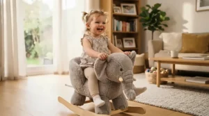A smiling toddler playing with a ride-on unicorn toy for toddlers on a living room rug in Toronto.