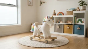 A trendy ride-on unicorn toy for toddlers sitting proudly in a modern Montreal apartment playroom.
