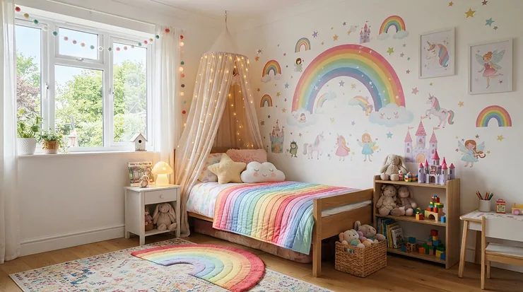 A magical unicorn-themed bedroom featuring a ride-on unicorn toy for toddlers as the centerpiece.