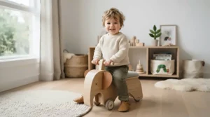 A toddler safely balancing on a sturdy ride-on animal toy with easy-grip handles