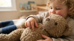 A toddler exploring tactile textures on a soft ride-on animal toy during sensory play time